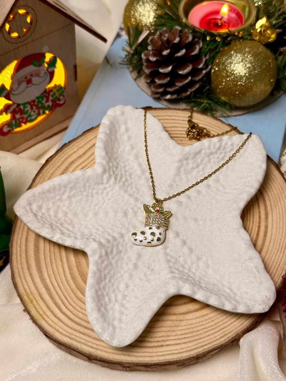 Golden Christmas Stocking Pendant Necklace